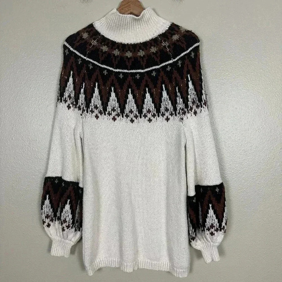 Free People Womens XS Sweater Fair Isle Tunic Dress Turtleneck White Brown - Picture 3 of 4